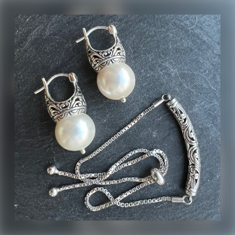 Set of Sterling Silver Scrollwork Adjustable Bracelet and Pearls Snap Earrings